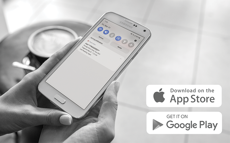 Hand holding a smartphone displaying the Room Alert Account mobile app interface with data readings and controls, alongside Apple App Store and Google Play download badges for the Room Alert mobile app.