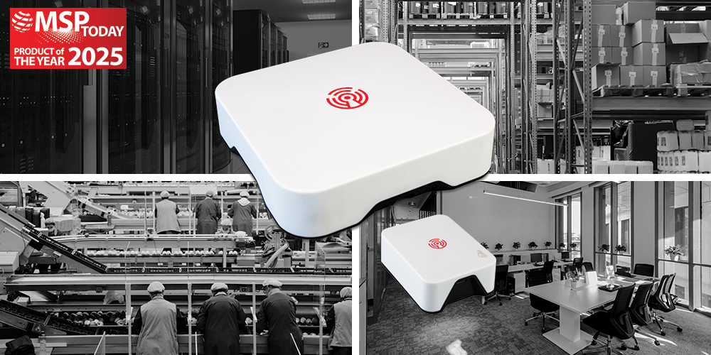 A collage of four images of different Room Alert MAX applications with the official 'MSP Today Product of the Year 2025' award logo in the upper left-hand corner. As an overlay, the image showcases the Room Alert MAX Base Station and Room Alert MAX Temperature & Humidity Sensor below that.