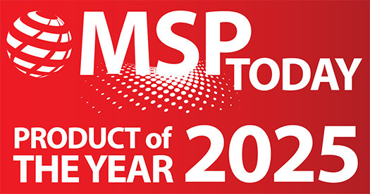 The official 'MSP Today Product of the Year 2025' award logo, featuring the MSP Today globe icon and text in red and gray, which was awarded to the Room Alert MAX environmental monitoring solution.