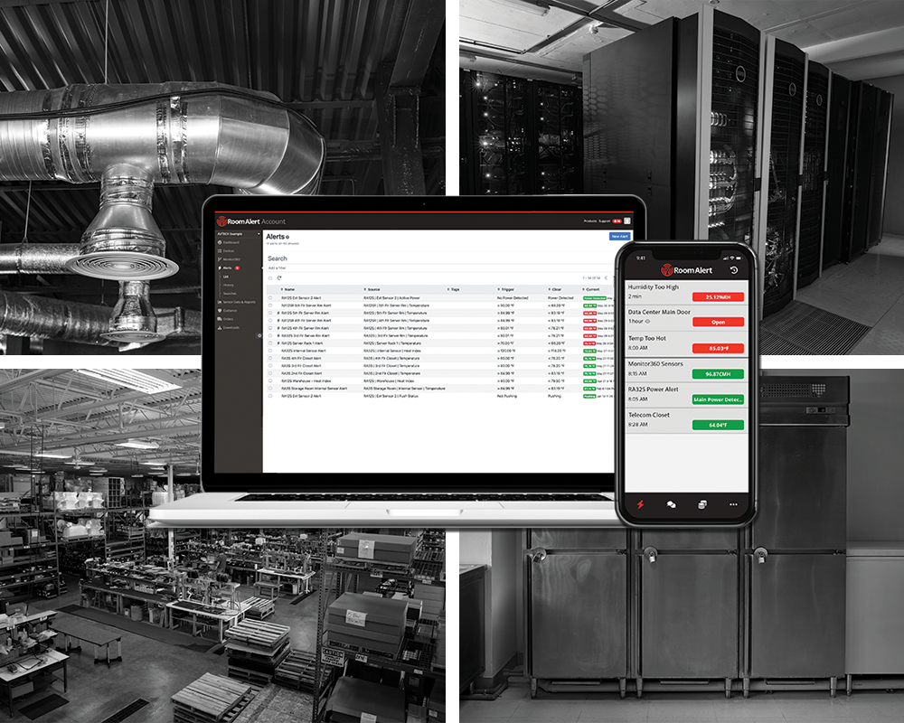 Split-screen view showing a server room with networking equipment on the left and a desktop computer displaying the Room Alert Account dashboard with data tables and graphs on the right, illustrating a comprehensive facility monitoring system.